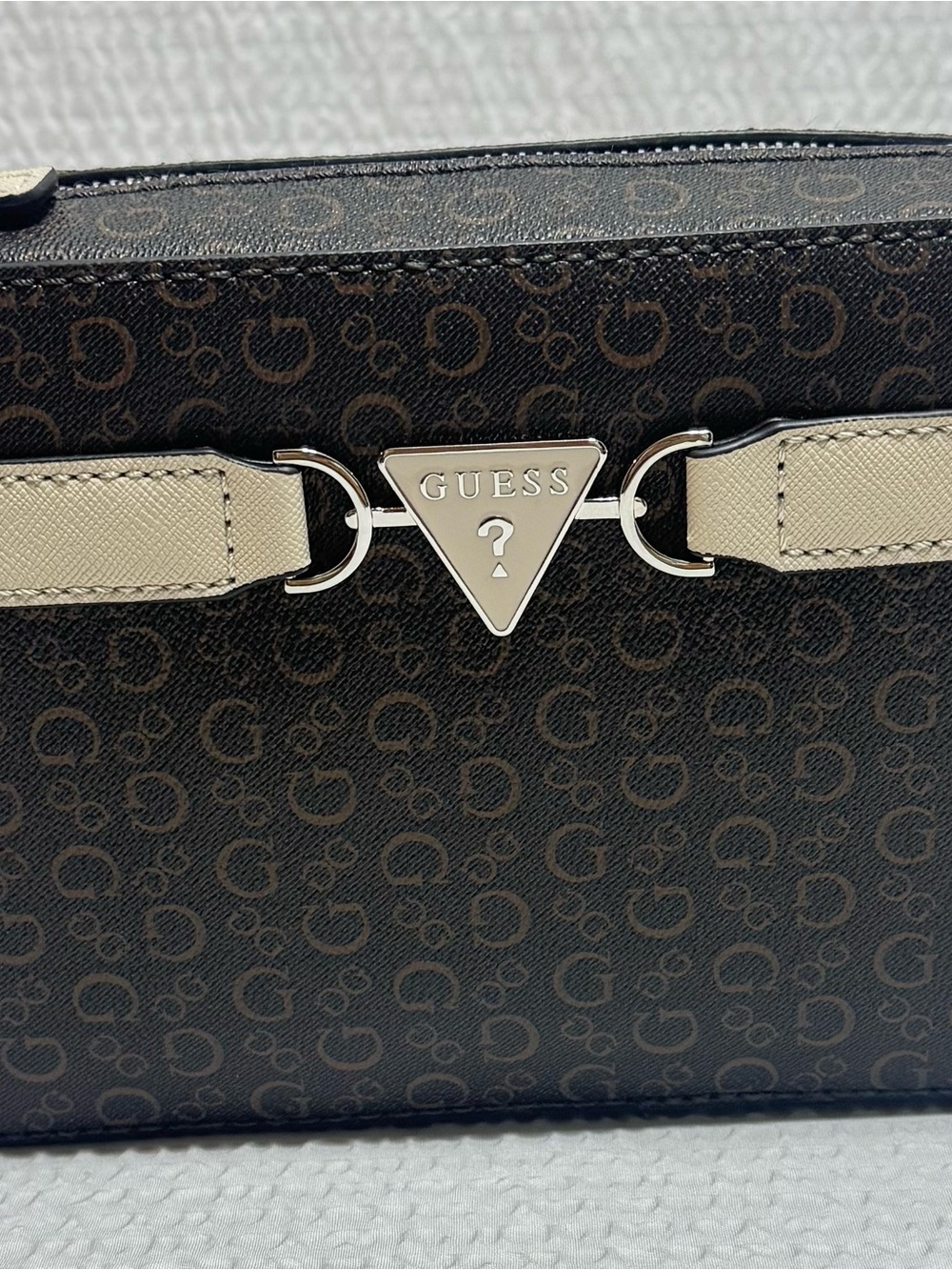 GUESS Brown Monogram Shoulder Bag with Cream Accents
